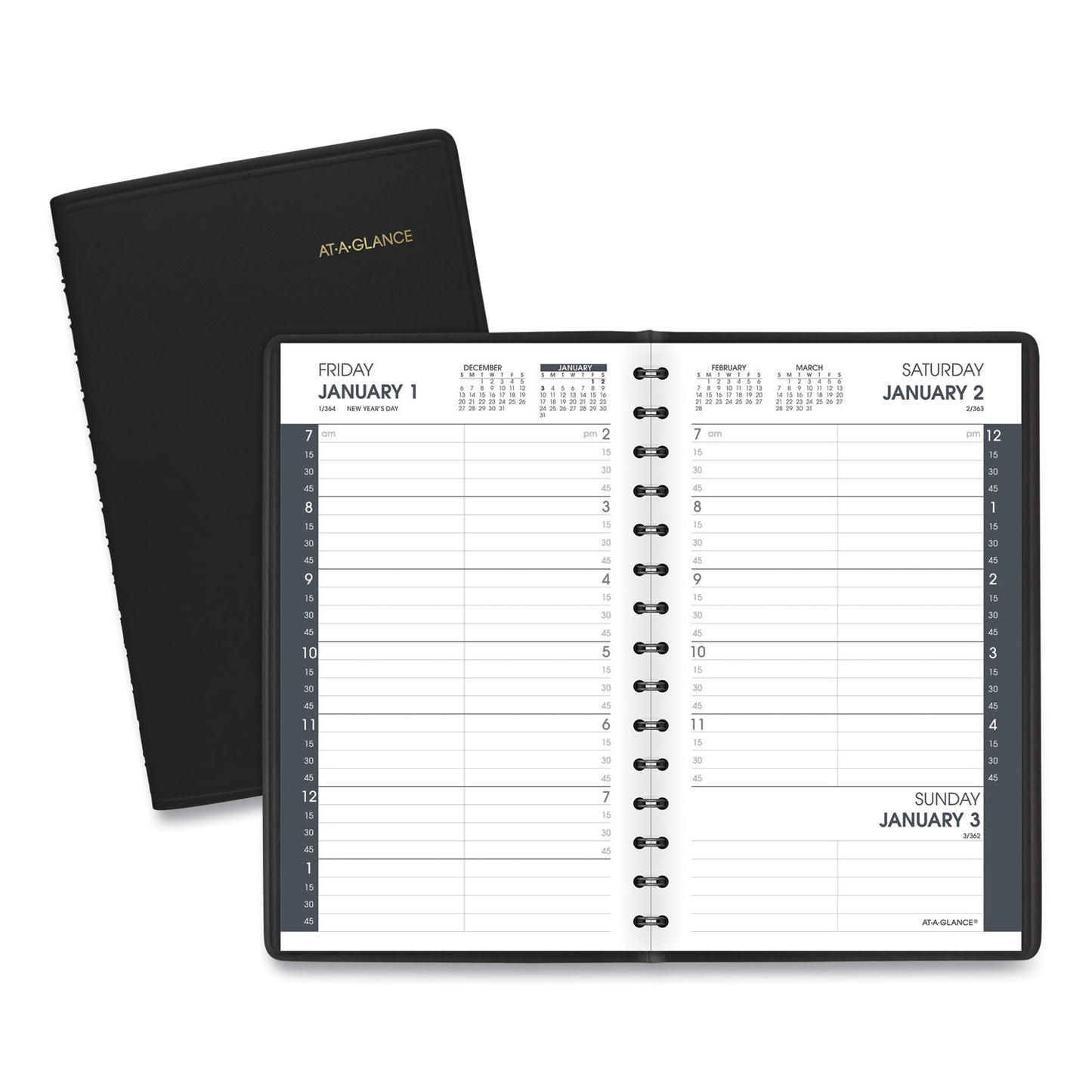 Daily Appointment Book With 15-minute Appointments, One Day/page: Mon To Sun, 8 X 5, Black Cover, 12-month (jan To Dec): 2026
