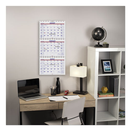 Move-a-page Three-month Wall Calendar, 12 X 27, White/red/blue Sheets, 15-month: Dec 2025 To Feb 2027