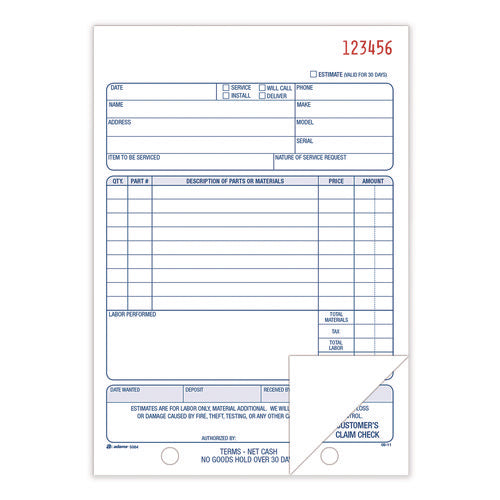 Multipart Repair Order Pad, Two-part Carbonless, 5.56 X 7.94, 50 Forms Total