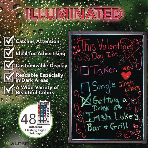 Led Illuminated Hanging Message Writing Board, Black 22" X 30" Surface, Black 23.6" X 31.5" Frame