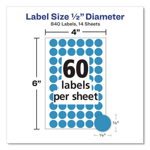 Handwrite Only Self-adhesive Removable Round Color-coding Labels, 0.5" Dia, Light Blue, 60/sheet, 14 Sheets/pack, (5050)