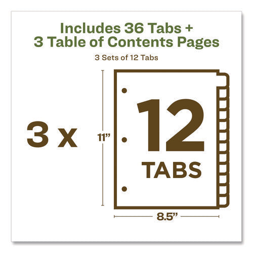 Customizable Table Of Contents Ready Index Dividers With Multicolor Tabs, 12-tab, 1 To 12, 11 X 8.5, White, 3 Sets