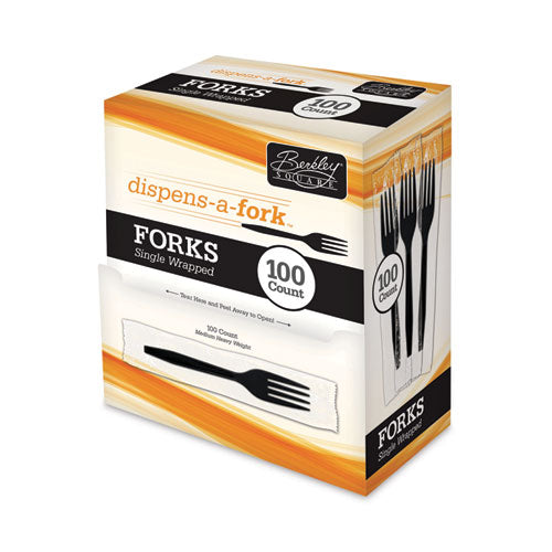 Dispens-a-fork, Individually Wrapped, Mediumweight Fork, Plastic, Black, 100/box