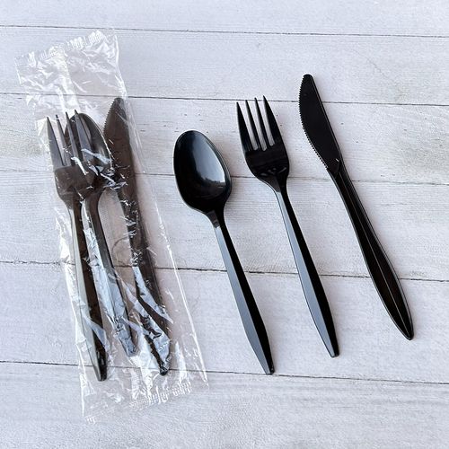 Three-piece Polypropylene Cutlery Kit, Mediumweight, Fork/knife/spoon, Plastic, Black, 250/carton