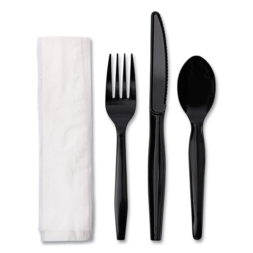 Four-piece Cutlery Kit, Mediumweight, Fork/knife/napkin/spoon, Plastic, Black, 250/carton