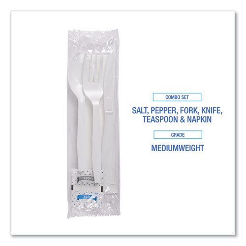 Six-piece Cutlery Kit, Mediumweight, Fork/knife/napkin/pepper/salt/spoon, Plastic, White, 250/carton
