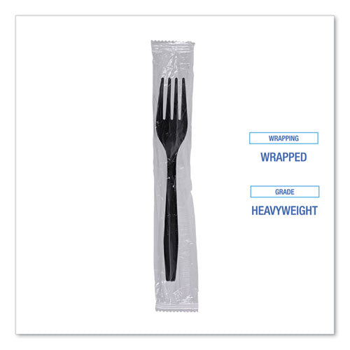 Heavyweight Wrapped Polypropylene Cutlery, Fork, Plastic, Black, 1,000/carton
