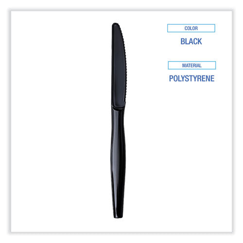 Heavyweight Wrapped Polystyrene Cutlery, Knife, Plastic, Black, 1,000/carton