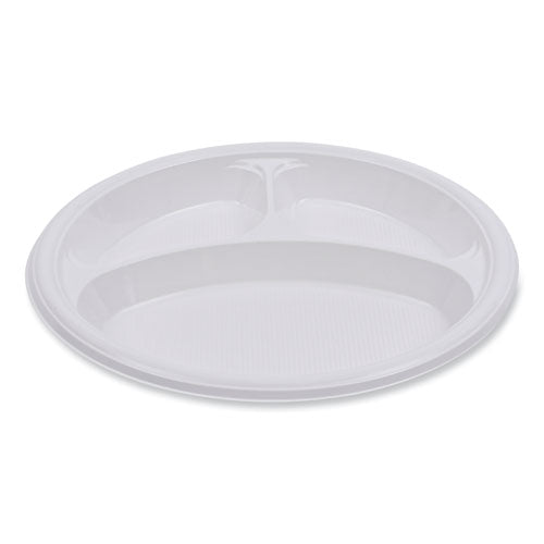 Hi-impact Plastic Dinnerware, 3-compartment Plate, 10" Dia, White, 500/carton
