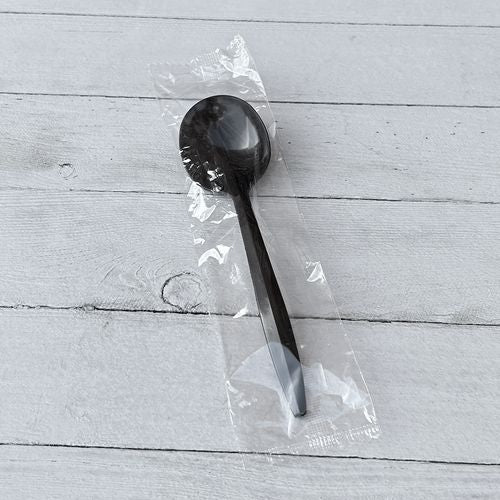 Mediumweight Wrapped Polypropylene Cutlery, Soup Spoon, Plastic, Black, 1,000/carton