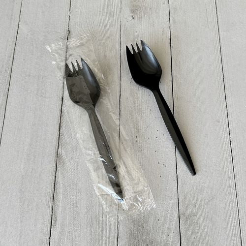 Mediumweight Wrapped Polypropylene Cutlery, Spork, Plastic, Black, 1,000/carton