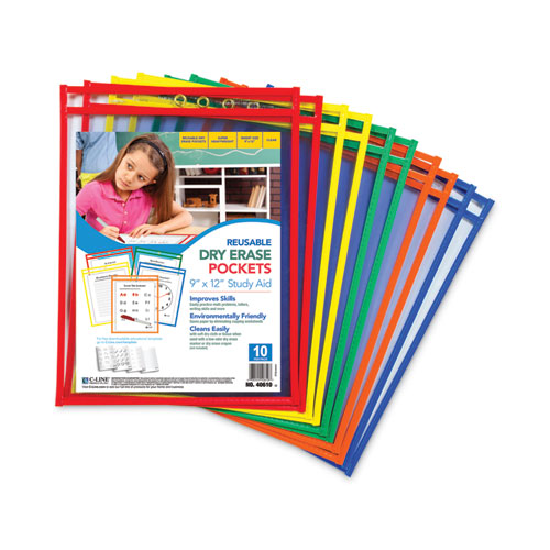 Reusable Dry Erase Pockets, Super Heavy-duty, Top Load 9 X 12 Insert, Clear Front, Assorted Border Colors, 10/pack