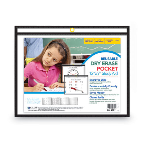 Reusable Dry Erase Pockets, Super Heavy-duty, Top Load 12 X 9 Insert, Clear Front, Black Border