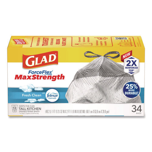 Forceflex Maxstrength Tall Kitchen Drawstring Trash Bags, 13 Gal, Fresh Clean Scent, 24 X 28, White, 34/box, 6 Boxes/carton