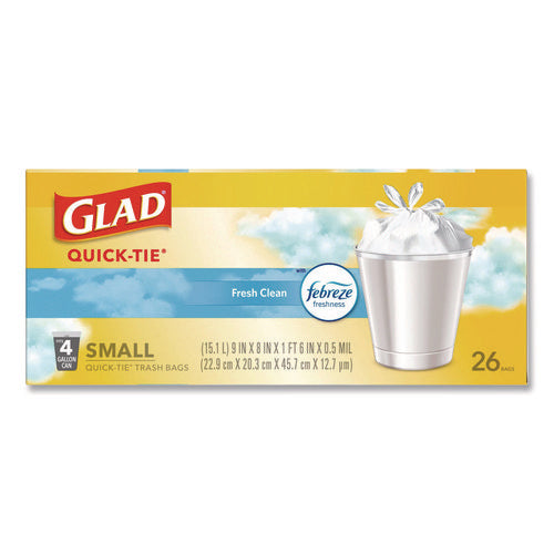 Odorshield Quick-tie Small Trash Bags, Tie-flap, 4 Gal, Febreze Fresh Clean Scent, 8 X 18, White, 26 Bags/box, 6 Boxes/carton