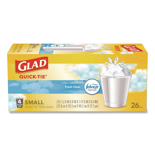 Odorshield Quick-tie Small Trash Bags, Tie-flap, 4 Gal, Febreze Fresh Clean Scent, 8 X 18, White, 26 Bags/box, 6 Boxes/carton