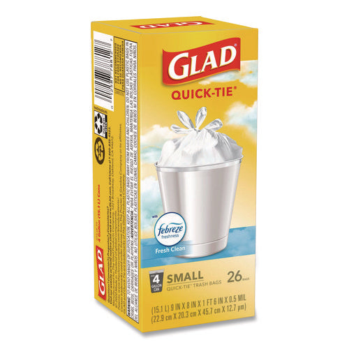 Odorshield Quick-tie Small Trash Bags, Tie-flap, 4 Gal, Febreze Fresh Clean Scent, 8 X 18, White, 26 Bags/box, 6 Boxes/carton