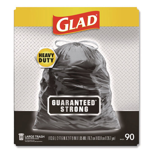Guaranteed Strong Large Drawstring Trash Bags, Three-ply, 30 Gal, 1.05 Mil, 30" X 33", Black, 90/carton