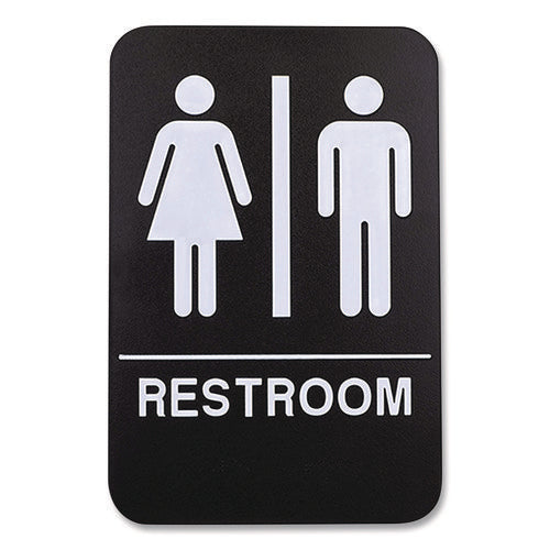 Indoor/outdoor Restroom With Braille Text, 6" X 9", Black Face, White Graphics, 3/pack