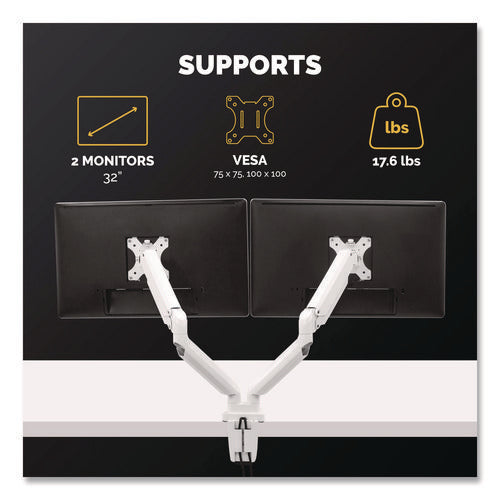 Platinum Series Dual Monitor Arm, For 40" Monitors, 360 Deg Rotation, 45 Deg Tilt, 180 Deg Pan, White, Supports 17.6 Lb