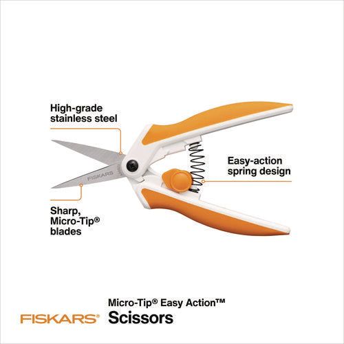Micro-tip Easy Action Scissors, 6.1" Long, 1.75" Cut Length, Orange/white Handle