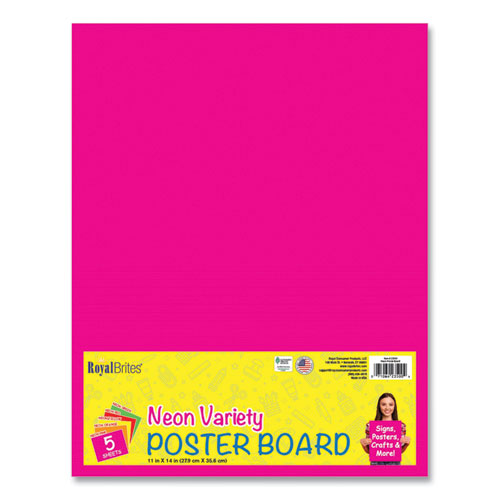 Premium Coated Poster Board, 11" X 14", Assorted Neon Colors, 5/pack