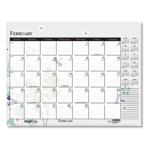 Recycled Desk Pad Calendar, Wild Flowers Artwork, 22 X 17, White Sheets, Black Binding/corners,12-month (jan-dec): 2026