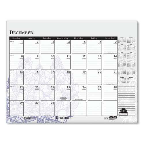 Recycled Desk Pad Calendar, Wild Flowers Artwork, 22 X 17, White Sheets, Black Binding/corners,12-month (jan-dec): 2026