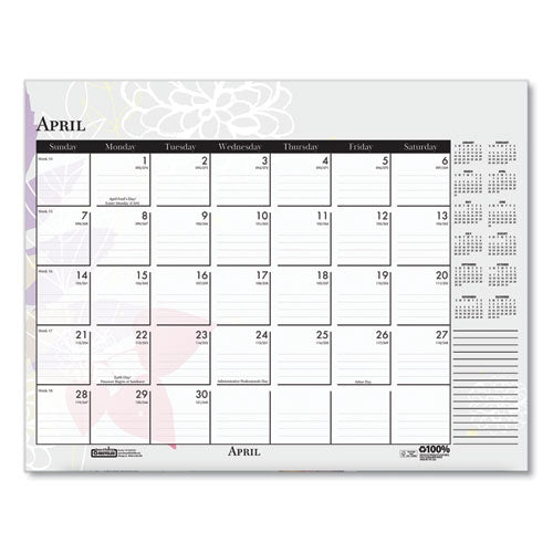 Recycled Desk Pad Calendar, Wild Flowers Artwork, 22 X 17, White Sheets, Black Binding/corners,12-month (jan-dec): 2026