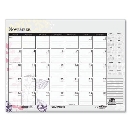 Recycled Desk Pad Calendar, Wild Flowers Artwork, 22 X 17, White Sheets, Black Binding/corners,12-month (jan-dec): 2026