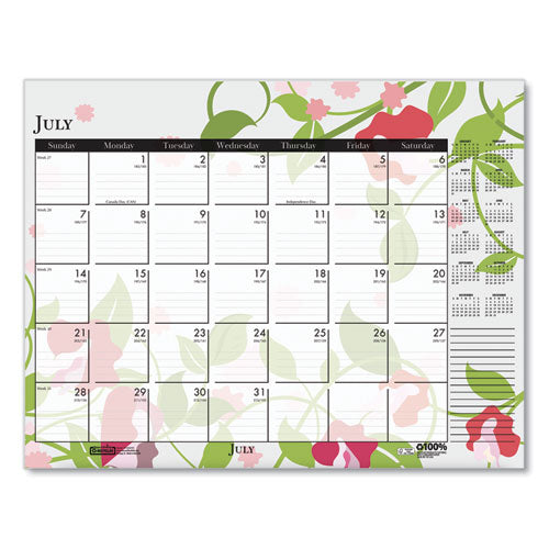 Recycled Desk Pad Calendar, Wild Flowers Artwork, 22 X 17, White Sheets, Black Binding/corners,12-month (jan-dec): 2026