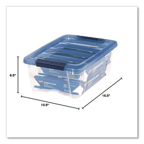 Stack And Pull Latching Flat Lid Storage Box, 3.23 Gal, 10.9" X 16.5" X 6.5", Clear/translucent Blue