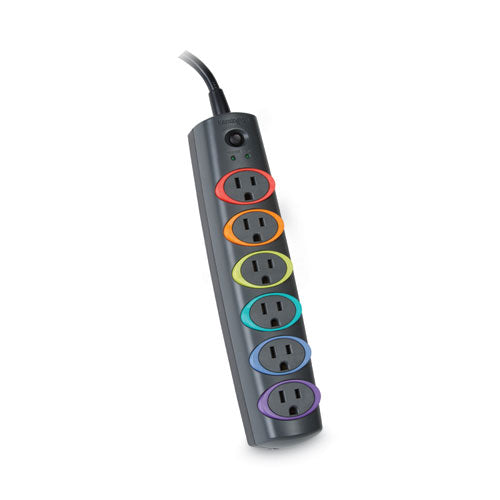 Smartsockets Color-coded Strip Surge Protector, 6 Ac Outlets, 8 Ft Cord, 1,260 J, Black