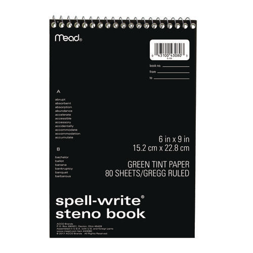 Spell-write Wirebound Steno Pad, Gregg Rule, Randomly Assorted Cover Colors, 80 Green 6 X 9 Sheets
