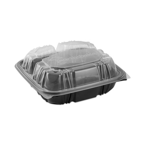 Earthchoice Vented Dual Color Microwavable Hinged Lid Container, 3 Compartments, 33 Oz, Black/clear, Plastic, 150/carton