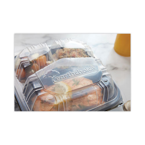Earthchoice Vented Dual Color Microwavable Hinged Lid Container, 3 Compartments, 33 Oz, Black/clear, Plastic, 150/carton