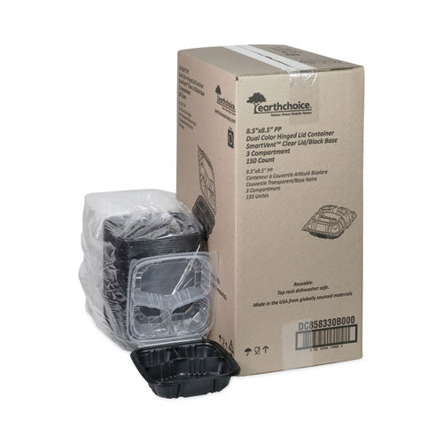 Earthchoice Vented Dual Color Microwavable Hinged Lid Container, 3 Compartments, 33 Oz, Black/clear, Plastic, 150/carton