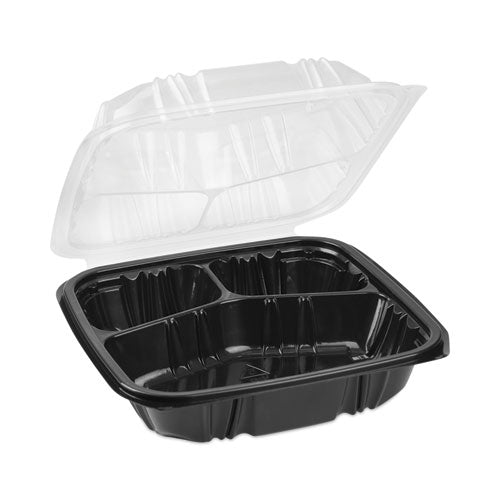 Earthchoice Vented Dual Color Microwavable Hinged Lid Container, 3 Compartments, 33 Oz, Black/clear, Plastic, 150/carton