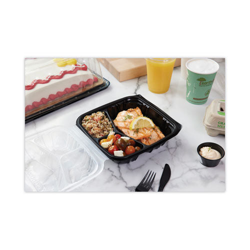 Earthchoice Vented Dual Color Microwavable Hinged Lid Container, 3 Compartments, 33 Oz, Black/clear, Plastic, 150/carton
