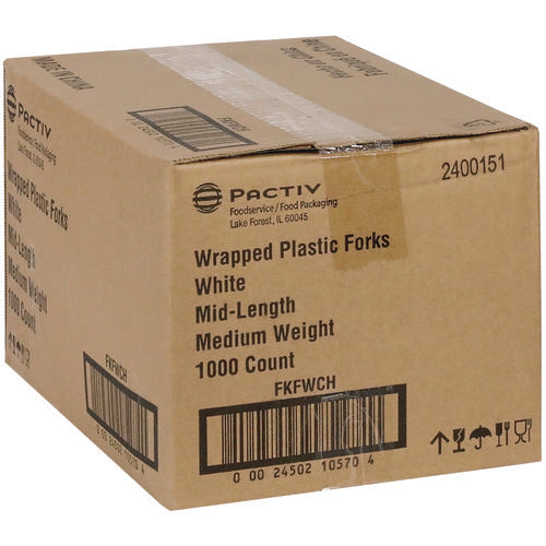 Fieldware Cutlery, Individually Wrapped, Mediumweight Fork, Plastic, White, 1,000/carton