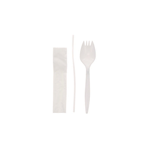 Fieldware Cutlery Kit, Mediumweight, Napkin/spork/straw, Plastic, White, 1,000/carton