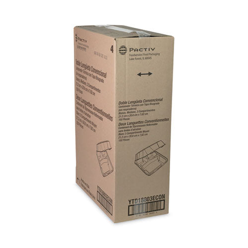 Vented Foam Hinged Lid Container, Dual Tab Lock Economy, 3 Compartments, 8.42 X 8.15 X 3, White, 150/carton