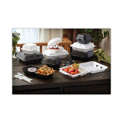 Vented Foam Hinged Lid Container, Dual Tab Lock Economy, 3 Compartments, 9.13 X 9 X 3.25, White, 150/carton