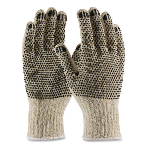 Pvc-dotted Cotton/polyester Work Gloves, Reversible, Large, Beige/black, 12 Pairs