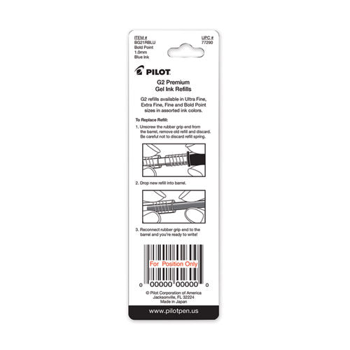 Refill For Pilot G2 Gel Ink Pens, Bold Conical Tip, Blue Ink, 2/pack