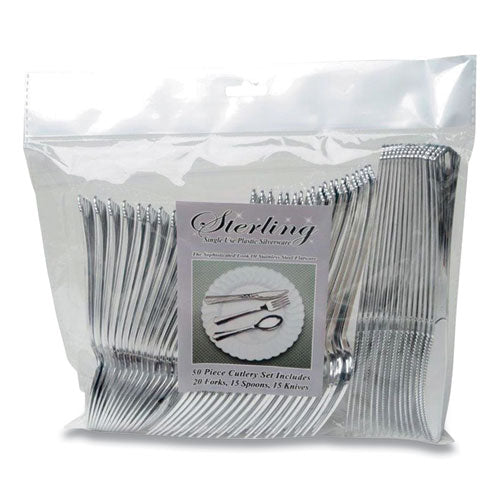 Sterling Assorted Plastic Cutlery, Mediumweight, (20) Forks/(15) Knives/(15) Spoons, Plastic, Silver, 50/pack