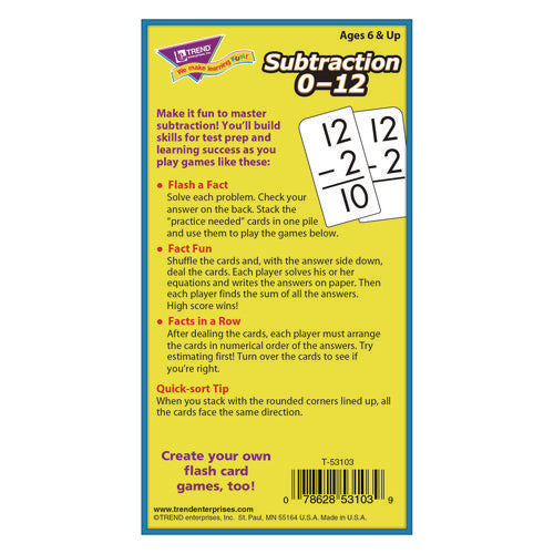 Skill Drill Flash Cards, Subtraction 0 To 12, Grades 1 To 5, 3" X 6", Black And White, 91/pack