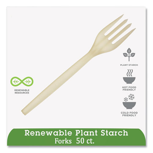 Ecosense Renewable Plant Starch Cutlery, Fork, Plastic, Cream, 50/pack