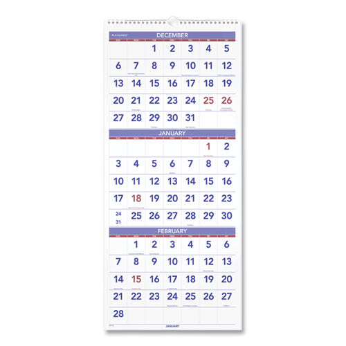 Deluxe Three-month Reference Wall Calendar, Vertical Orientation, 12 X 27, White Sheets, 14-month: Dec 2025 To Jan 2027