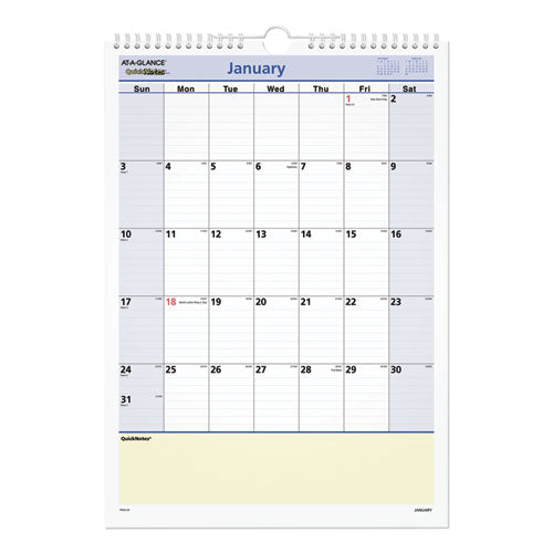 Quicknotes Wall Calendar, 12 X 17, White/blue/yellow Sheets, 12-month (jan To Dec): 2026